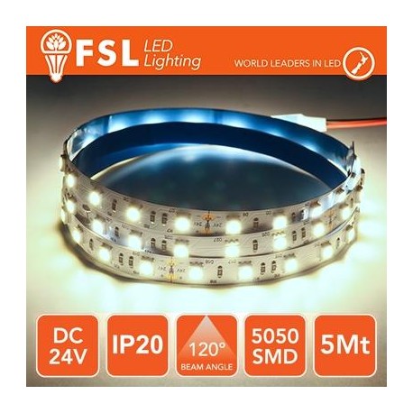 Striscia LED 5050 - 5Metri 12W 1100Lm 6500K 24V IP20 60led